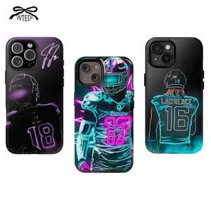 American football player neon style phone case, compatible with iPhone 17-11 Pro Max/Plus and Samsung Galaxy S23-25.