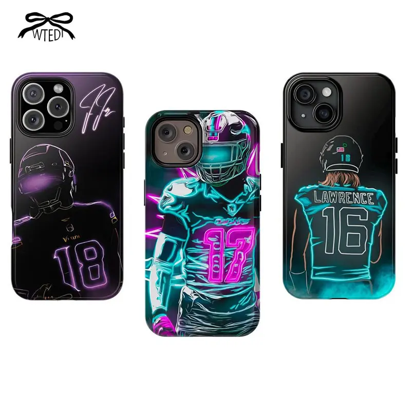 Neon Style American Football Player Smartphone Case Cover - Shockproof, Durable, Soft Inner, Precise Cutout Accessory with Screen Protector, Compatible with iPhone 11-17 Pro Max/Plus, Samsung Galaxy S23-25, Phone Accessories