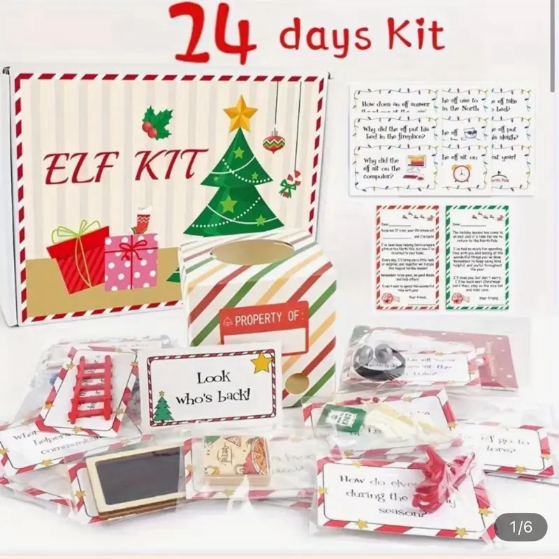 Santa Helper Elves Prop Kit 24 Day Christmas Holiday Doll Kit Crafty Props and Antics with 4 Bonus Days Includes Activities and Games for Kids - Motor
