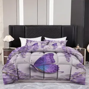 3pcs Printed quilt three-piece set (1 quiltr+2 pillowcases) - Vibrant Purple Butterfly Lavender Floral Bedding Set, Ultra Soft Microfiber Fabric, Lightweight & Breathable, Cozy Sleep Experience, Elegant Bedroom Decor, All Season Comfort, Aesthetic Ho