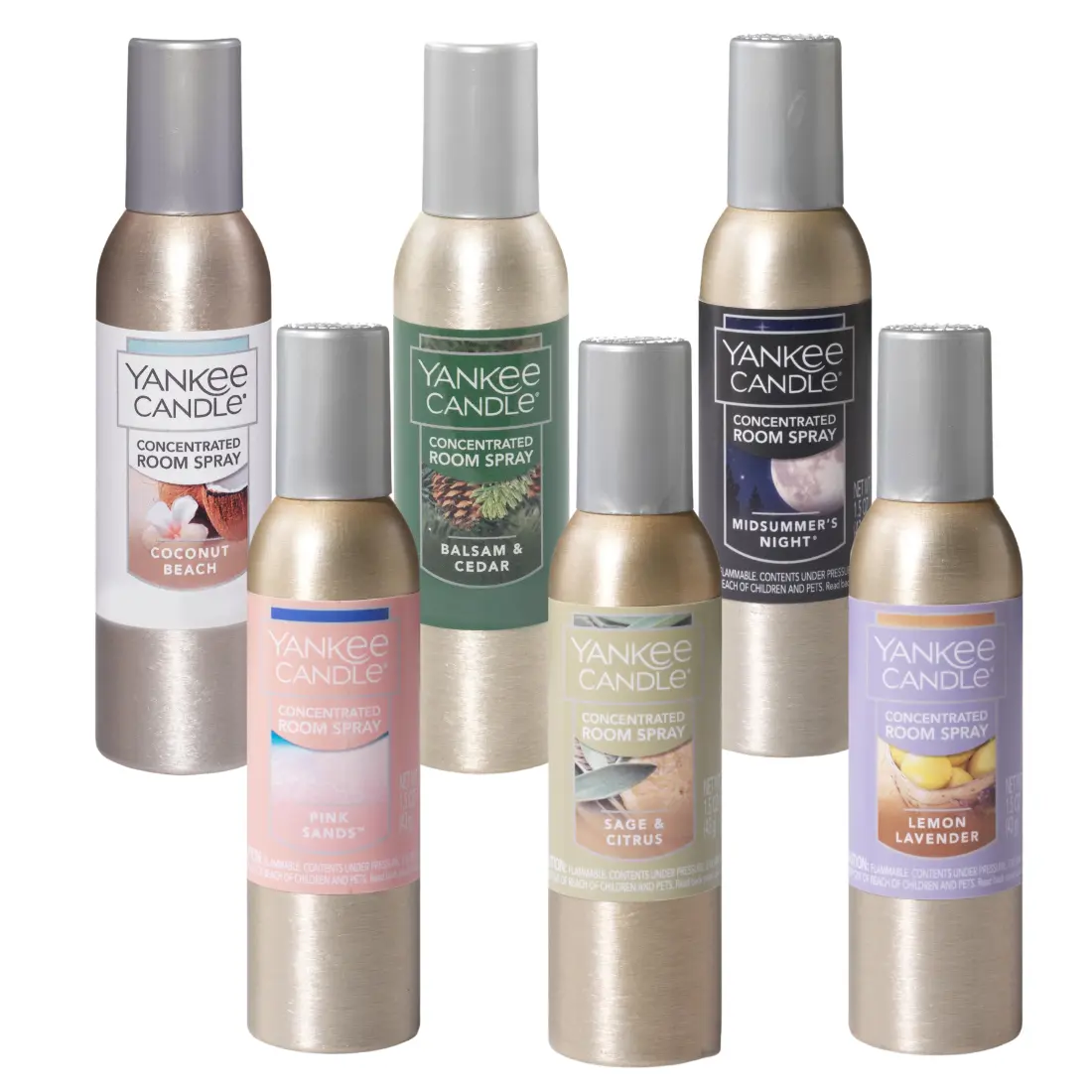 Yankee Candle Concentrated Scented Room Spray Tropical Mix Variety Pack - 1.5oz Travel Size Canisters, Smoke-Free Odor Control Fresheners (Pack of 6) with Sage & Lavender, Lemon, Citrus, Midsummer's Night Scents for Indoor Quick Touch-Ups, Home Use
