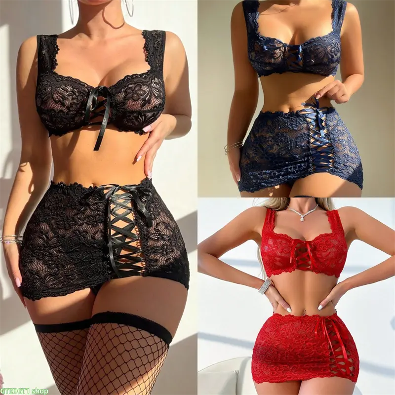 Women's 3-Piece Romantic Lace Lingerie Set - Floral Underwire Bra with Front Tie, Lace-Up Mini Skirt, Fishnet Stockings in Jewel Tones, Romantic Gifts for Her, Lingerie For Women, Thin, Comfortable, Outfits, Women's Lace Set