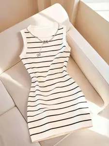 Casual Basic Tight-Fit Dress, Striped, Polka Dot, Print Dress (without Necklace), All Seasons, Comfortable Daily Wear