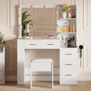 Makeup Vanity with Mirror, 41" Vanity Desk with Stool, Lighted Vanity Table with 3 Color Modes, 5 Drawers, Hair Dryer Holder for Bedroom