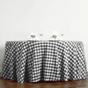 Polyester Round Tablecloth 120" White/Black Checkered Buffalo Plaid Design - Seamless Rustic Table Cover