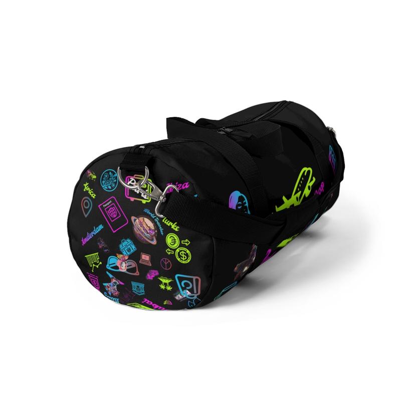 Black Neon Travel Duffle Bag  Custom 'Success Leaves Clues' Design with Vibrant Travel Icons"