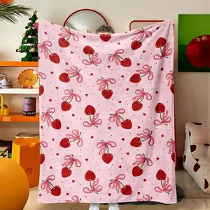 Cherry Pattern Flannel Blanket, Suitable For All Seasons, For Sofa, Bed Decor, Camping And Travel, Holiday Gift, Soft And Comfortable Throw Blanket, Anniversary, Wedding, Birthday Gift For Girlfriend, Wife, Lover