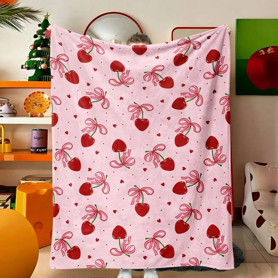 Geometric Cherry Pattern Soft Flannel Blanket Throw - Lightweight, Machine Washable, Contemporary All-Season Bedding Textile, Indoor/Outdoor Sofa Decor, Ideal Holiday Gift for Girlfriend
