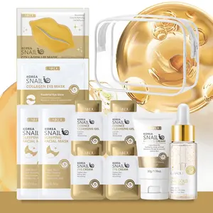 LAIKOU Snail Skincare Travel Set - 8Pcs Korean Beauty Face Care Kit with Sleep Mask, Lip Balm, Eye Mask, Face Cream, Serum, Eye Cream & Cleanser, Deep Nourishing, Smoothing & Skin Repair