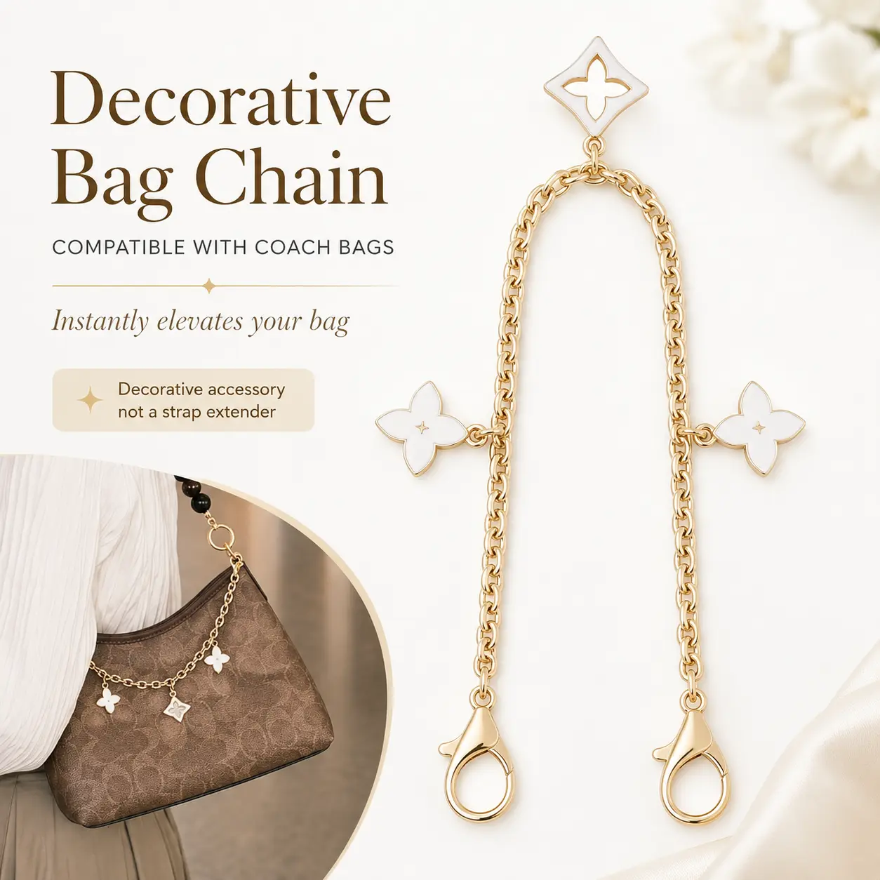 Gold-Tone Decorative Bag Chain Compatible with Select Coach Bags acrylic Enamel Flower Charm Purse Chain Strap Adjustable Wide Purse Crossbody Strap key