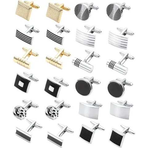 12 Pairs Cufflinks for Men, Brass Bullet Back Cuff Links Set, Silver Gold Black Round Square Rectangle Dress Shirt Cufflinks for Wedding Business Formal Wear