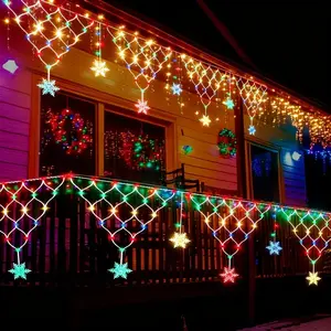 Solar LED Christmas Snowflake String Lights, Triangle Mesh Design, 8 Modes, Outdoor Decor for Porch, Fence, Window Sill, Holiday Decoration, Outdoor Decorative Lights