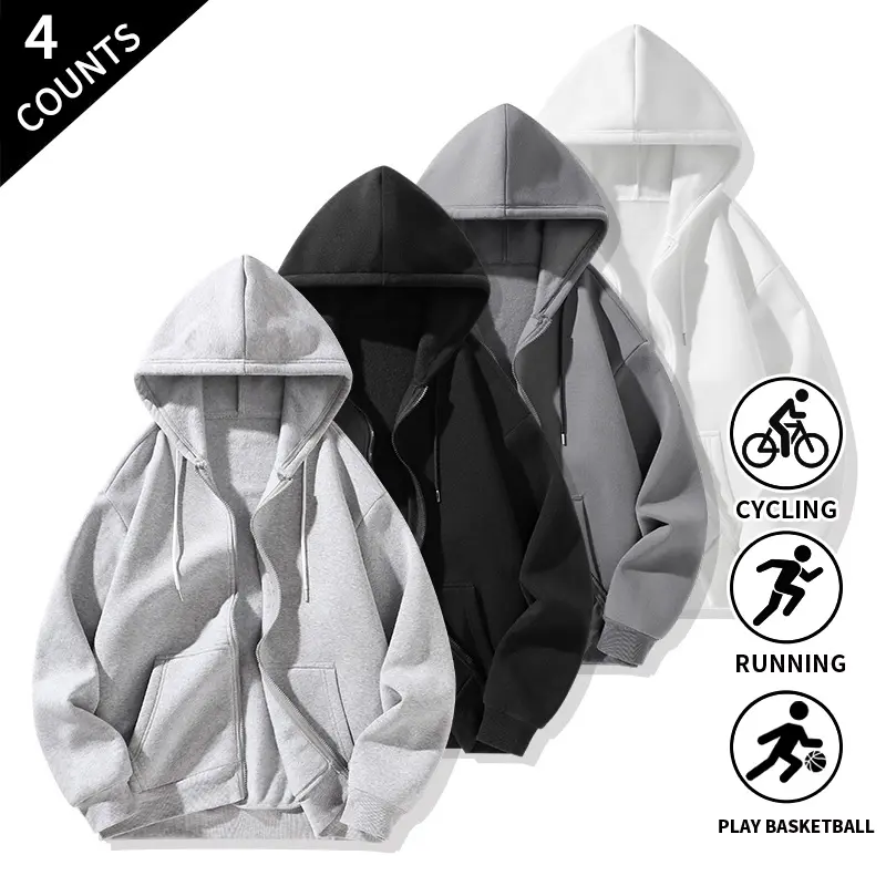4-Pack Men’s Solid Zip-Front Hooded Sweatshirts, Standard Fit, Drawstring Hood, Outerwear for Office Commutes and Urban Weekend Trips