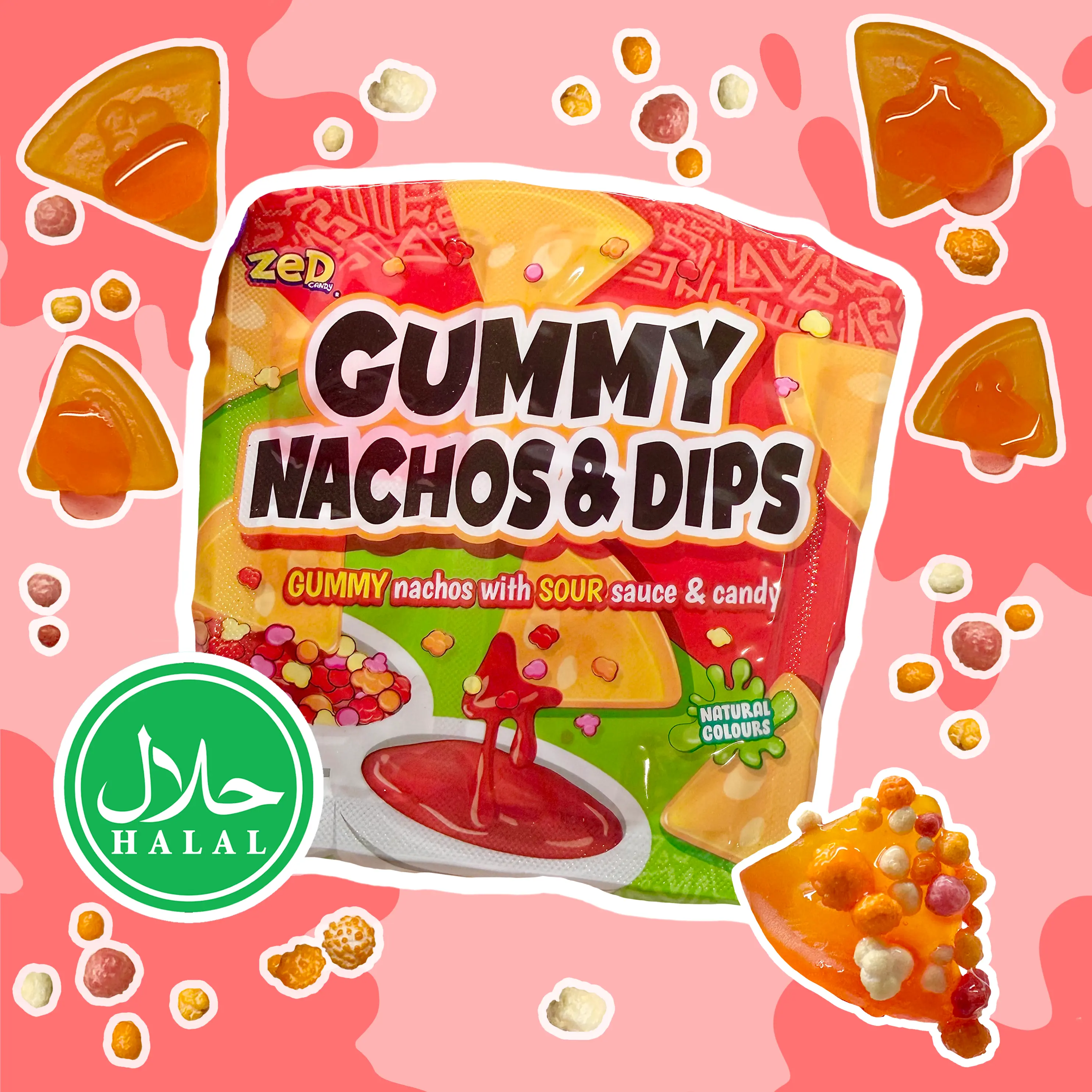 Halal Gummy Nachos & Dips Candy Kit – Sour Sauce, Crunchy Candy Sprinkles & Orange Gummies Halal Gummy Nachos & Dips Candy Kit – Sour Sauce, Crunchy Candy Sprinkles & Orange Gummies