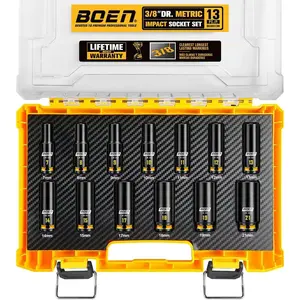 13PCS 7mm-21mm 3/8" Drive Metric Socket Set, Impact Deep Socket, 6-Point with Yellow Embossed Marking, CR-MO Steel