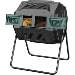 Compost Tumbler Outdoor, 43-Gal Dual Chamber Compost Bin with 2 Sliding Door and Aeration System, Tumbling Rotating Composter Bin for Kitchen, Garden, Yard