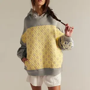 Women's Hooded Embroidery Patchwork Sweatshirt Pullover Comfortable Casual Long Sleeve Black Printed Top Womenswear