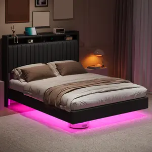 Queen/Full Size Floating Leather Platform Bed Frame, 50 Inch Tall Upholstered Storage Headboard with Dynamic RGB LED Lights and Integrated Charging Station, Modern Sleek Bed Base No Box Spring Needed for Stylish Bedroom Upgrade