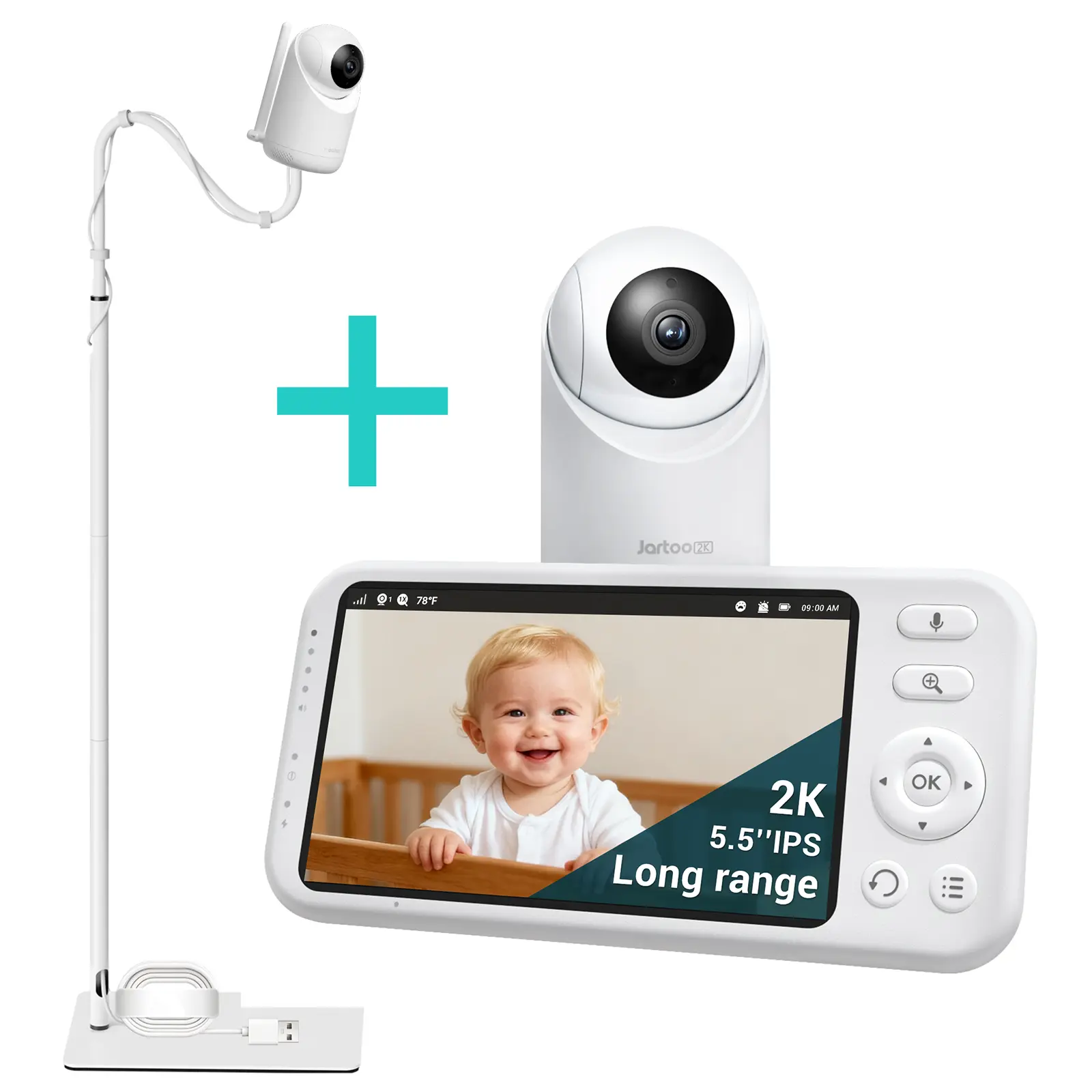 Jartoo Video Baby Monitor with Floor Stand, 5.5" Full HD Screen, 1860ft Long Range, No WiFi 2K Cameras, 2-Way Talk, Night Vision, AI Cry Detect, 6000mAh Battery, Adjustable AI-Powered Home Security Camera System