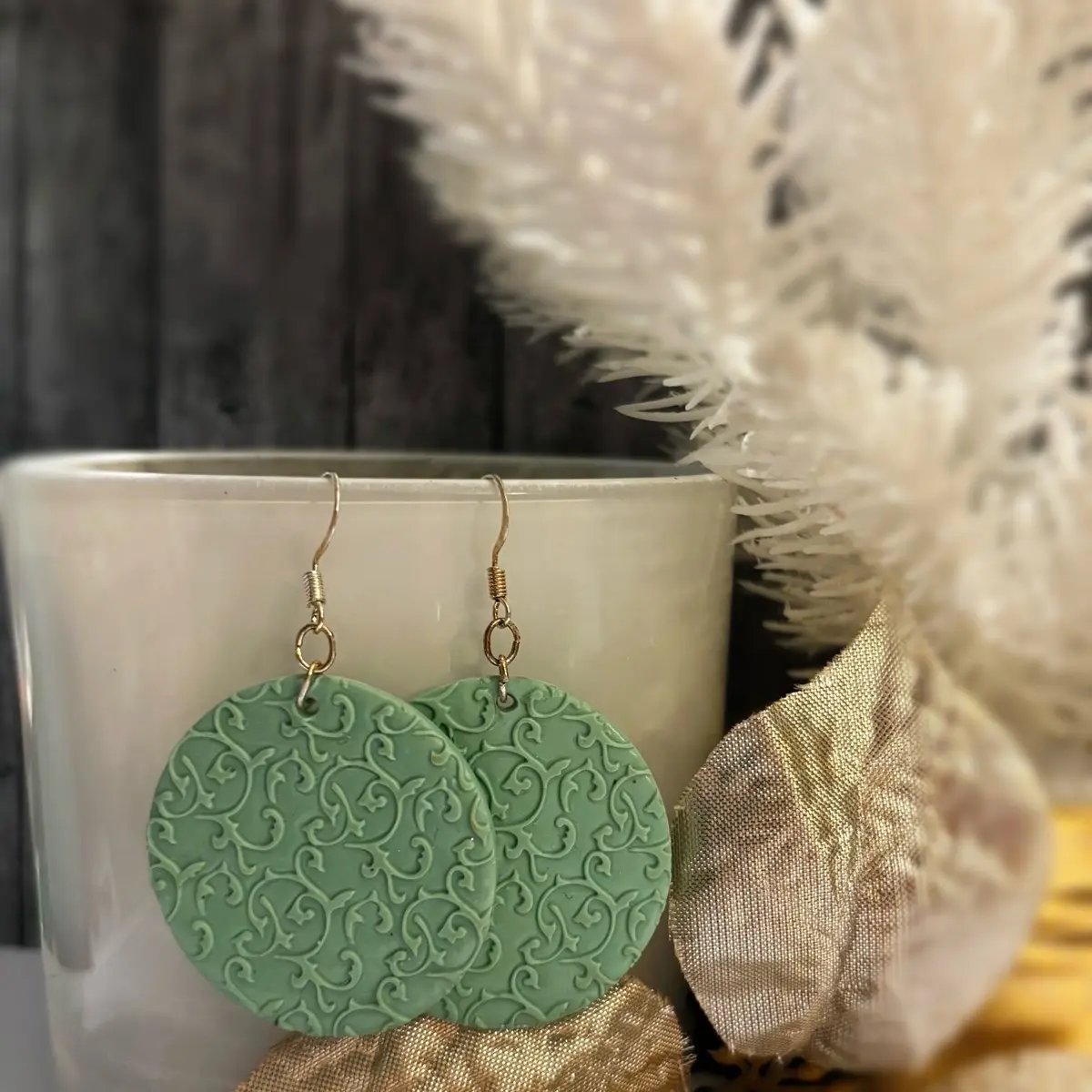 Handcrafted Polymer Clay Earrings - Round Mint Green with Rose Vine Design, Lightweight & Hypoallergenic