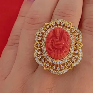 Gold plated lord ganesh adjustable Ring with multiple stones on it