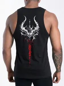 Men’s Gothic Demon Print Gym Tank Top,  Breathable Sleeveless Shirt, Aesthetic Streetwear Workout Muscle Tee for Fitness, Outdoor, Casual Daily, Versatile Athleisure with Bold Graphic Design