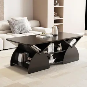 Modern Wood Coffee Table with Open Storage Shelves, Rounded Corner Rectangular Coffee Center Table for Living Room Reception Room (Black)