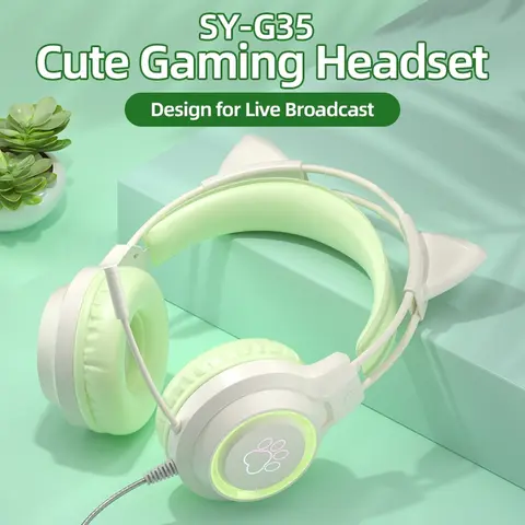 G35 High-Value RGB Gaming Headset with Cute Cat Ear Design, Wired Over-Ear Headphones for PC & Console Games, Multi-Scene Use, Pc Accessories Gaming