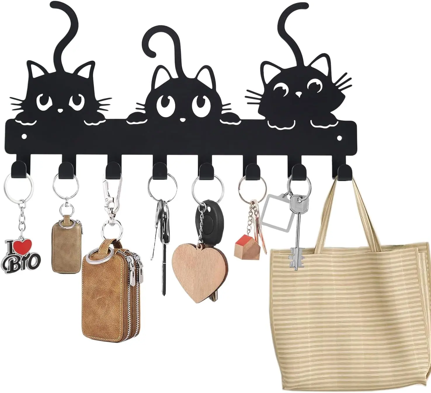 Key Hooks Holder for Wall Mounted with 8 Hooks, Black Cute Cat Key Hanger Rack Wall Decorative for Home, with Mounting Hardware, Dog Leash Holder, Entryway, Hallway, Office Ready to Hang