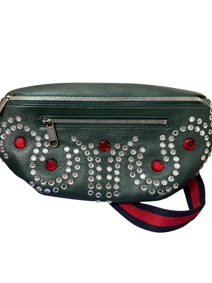 Pre-owned GUCCI Leather Beltbag Green Crystal Logo Belt Waist Bumbag with Dustabag