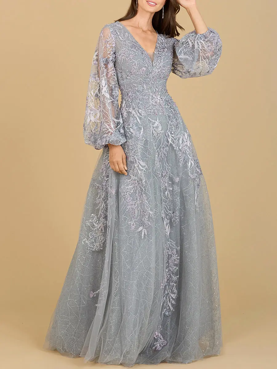 V Neckline Balloon Sleeve Gown