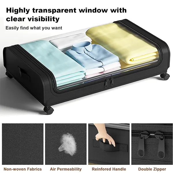 Under Bed Rolling Storage Box - Silent Wheels, Thick Transparent PVC, Dustproof, Moisture-Resistant, Durable Space Saver Functional Drawer Box for Sundries, Fits Most Beds