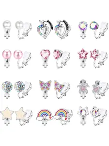 12 Pairs Kids Clip on Earrings for Girls Teenager Cute Hypoallergenic Non Pierced Earrings Set, Multicolor Cz Butterfly Heart Flower Design, Earring Stacking Set