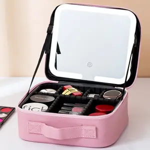 Travel Makeup Bag with Mirror and Light, Portable Cosmetic Storage Box, Girls and Women Birthday Gift, 3 Colors Available