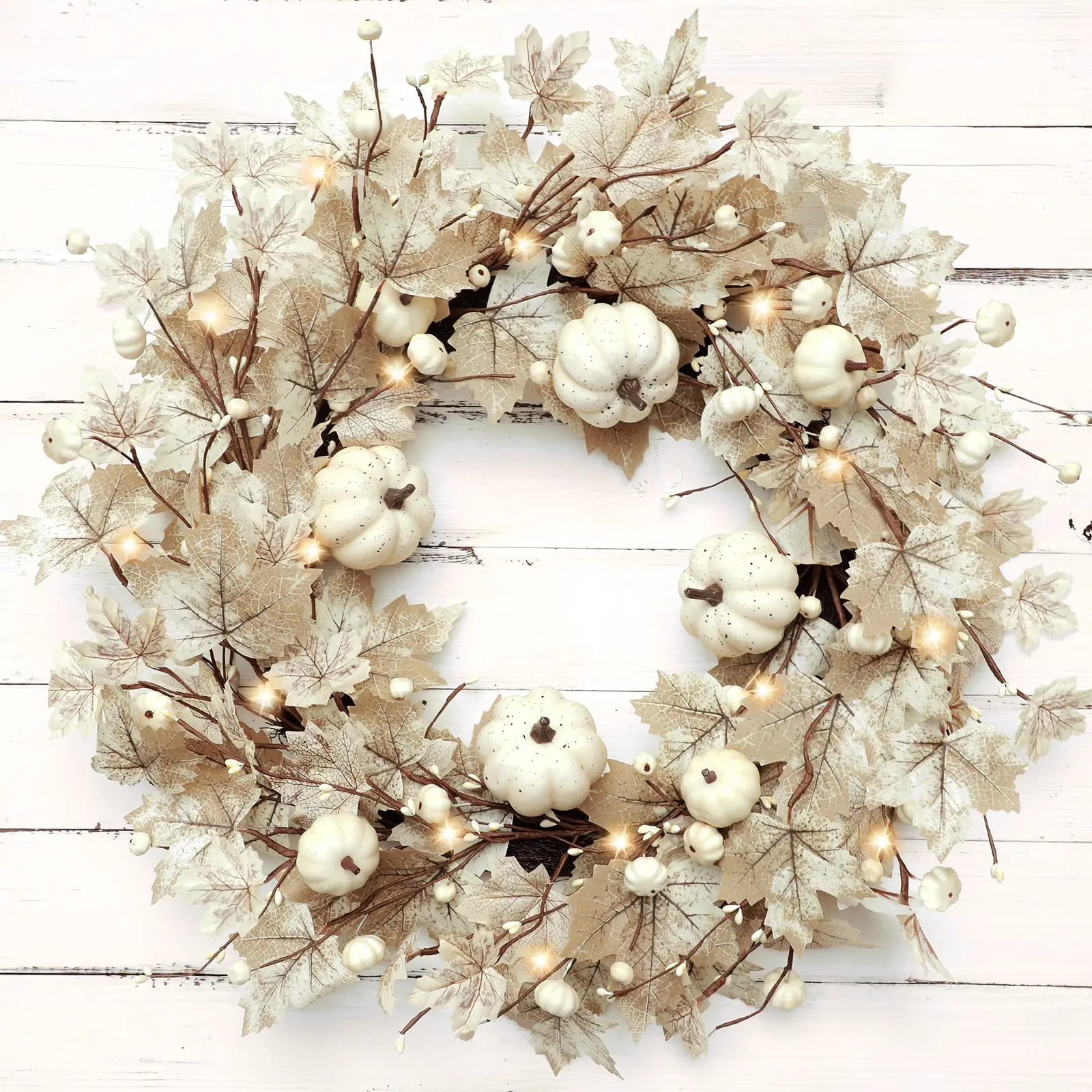 26 Inch Large Foldable Fall Wreath for Front Door with Lights Timer, Autumn Maple Leaf Pumpkin Wreaths & 88 Silk Maple Leaves 22 Pumpkins Indoor Outdoor Decorations for Home Thanksgiving Harvest Decor