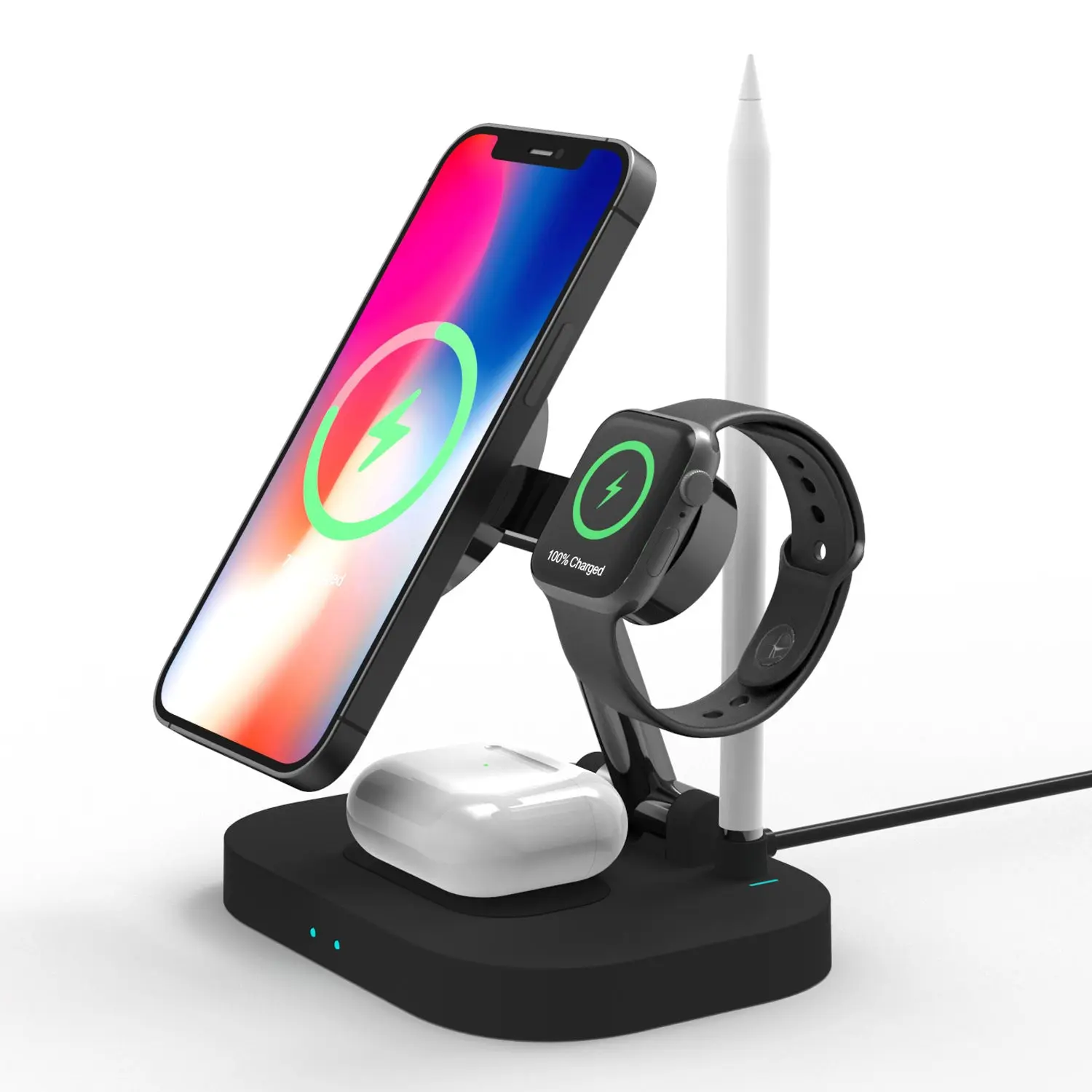 Vertical Magsafe Magnetic Folding Three-in-one Stand Mobile Phone Watch Headset 1 Generation Pen Four-in-one Wireless Charger Silicone Black