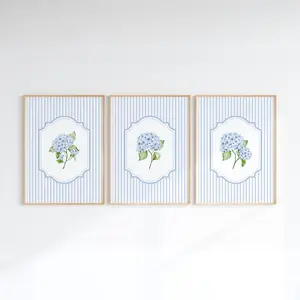 Set of 3 Blue Hydrangea, Striped Cottagecore Poster, Coastal Granddaughter Aesthetic, Vintage Grandmillenial Florals