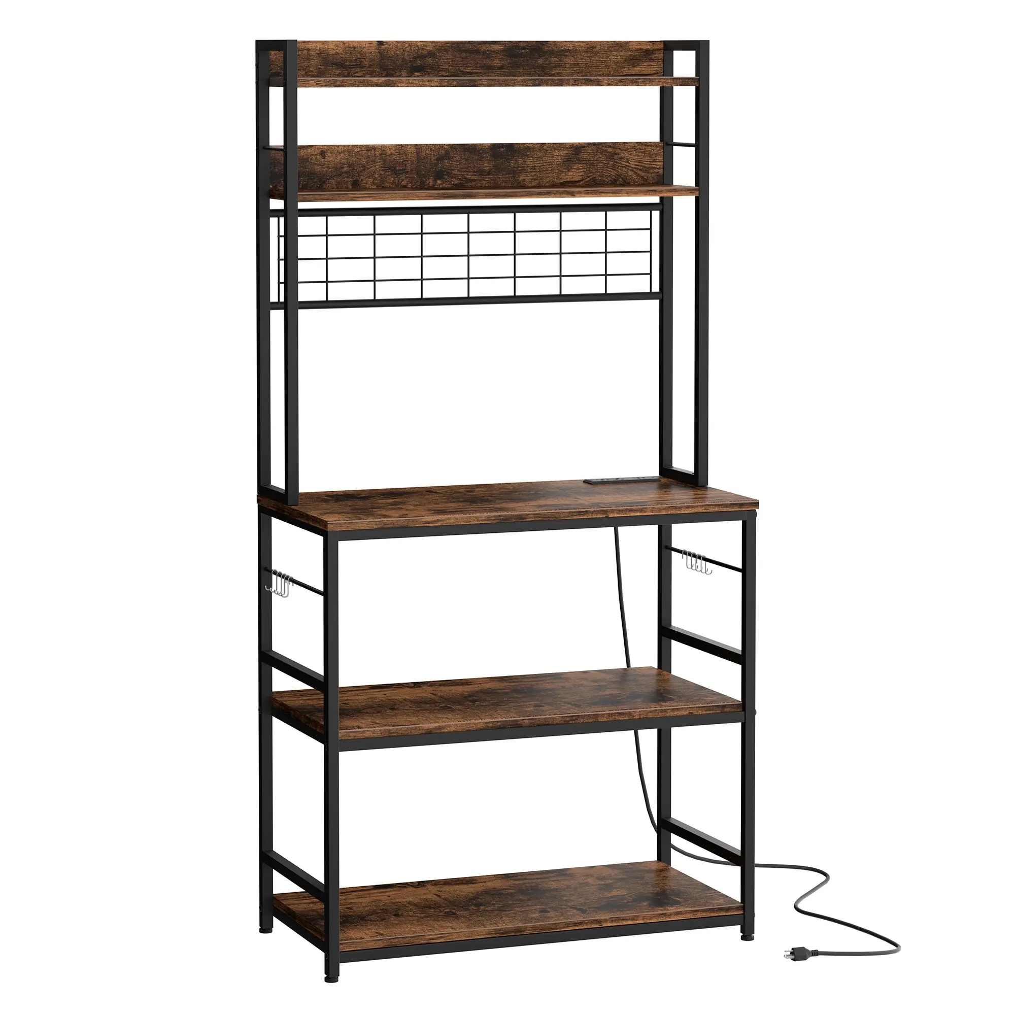 ANNWS Standing Bakers Rack with Power Outlet, Steel Kitchen Organizers and Storage with Hooks,  Kitchen Shelf