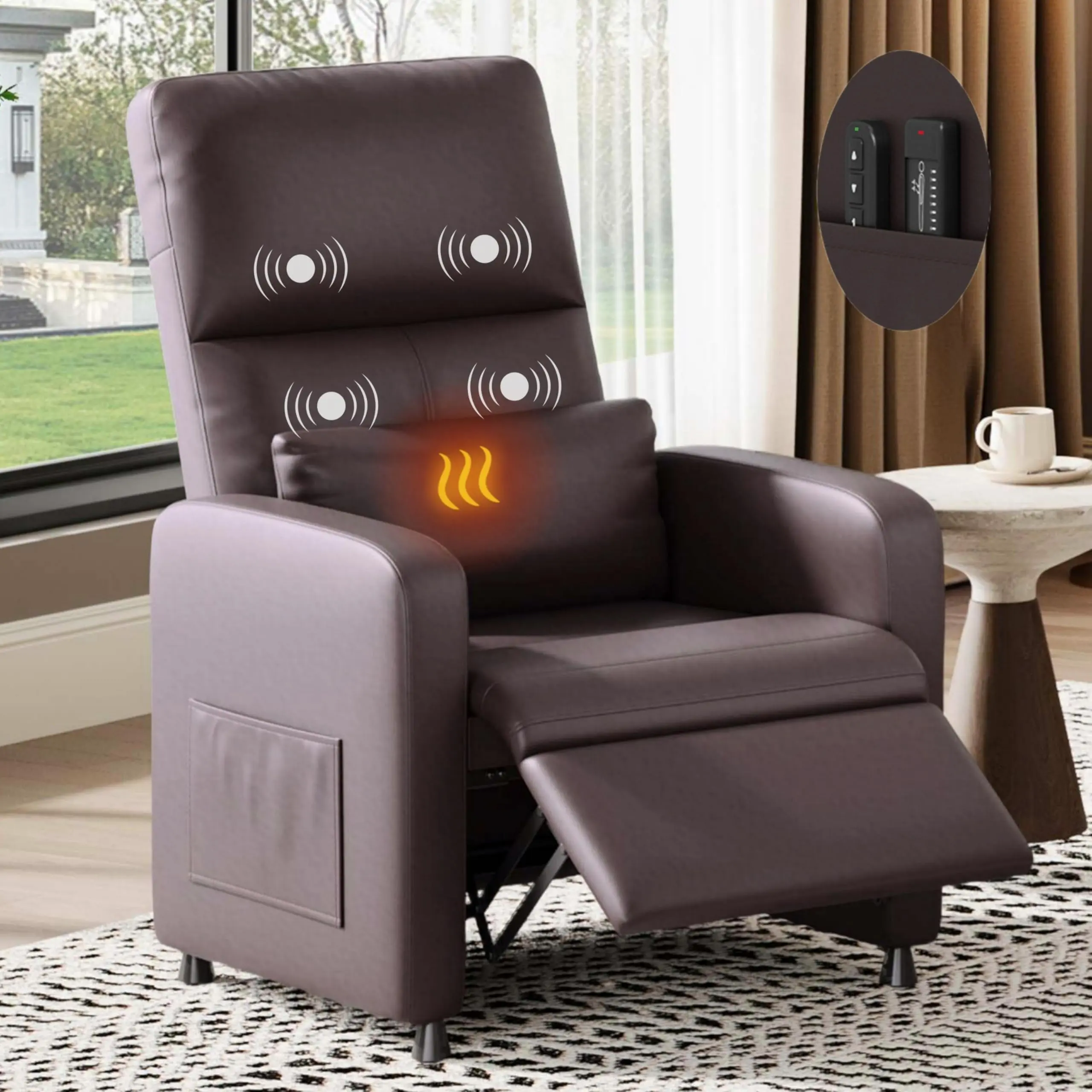 YJ-Garvee Recliner Chair, Electric Recliner Dual Memory Remote, PU Leather Living Room Chairs Tall Back, Heat Massage Reading Chair Recliners on Clearance, Single Sofa Recliner，Dark brown