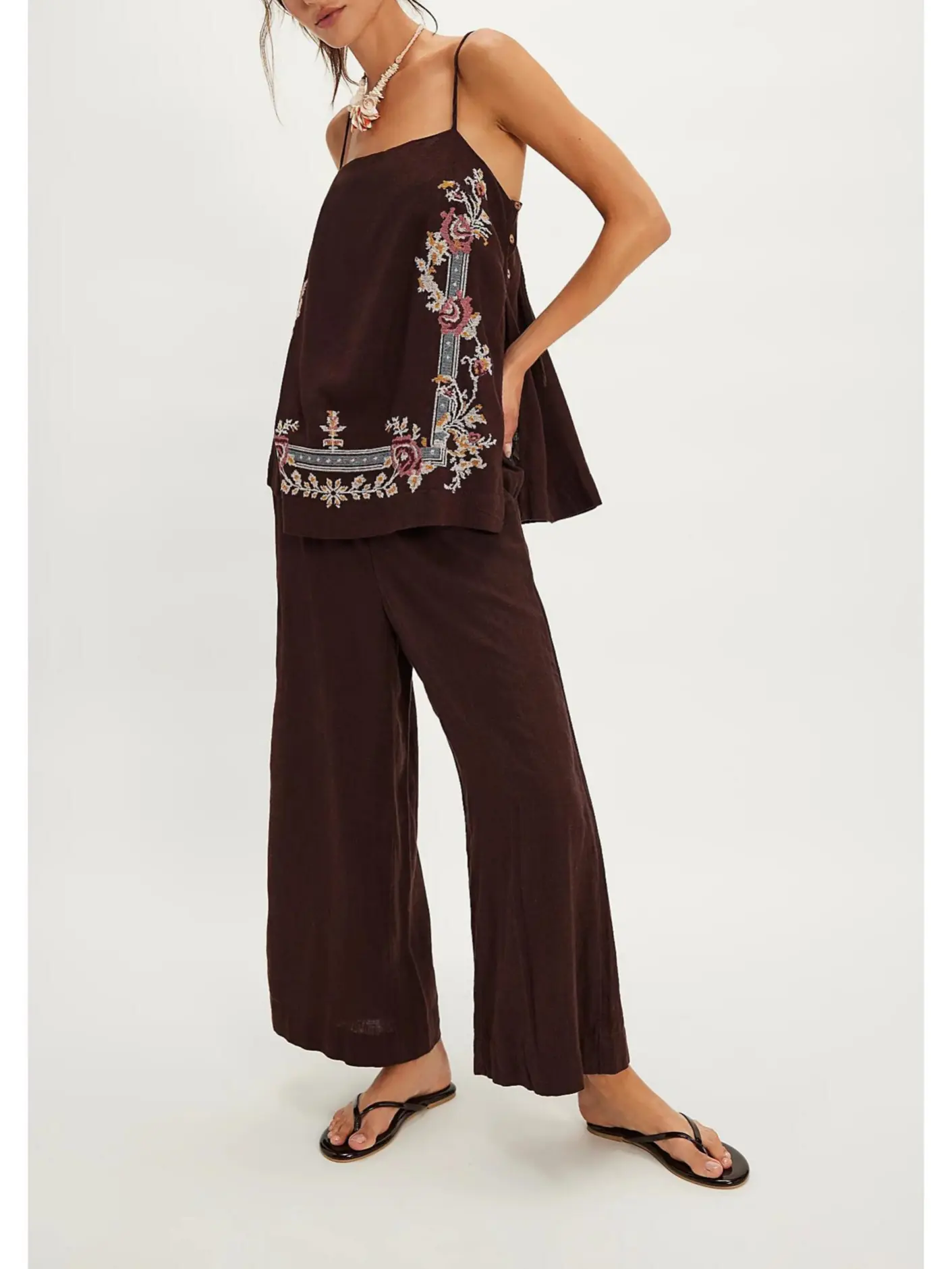 Women Boho Floral Embroidery 2 Piece Outfit Square Neck Spaghetti Strap Sleeveless Cami Tank Top & Elastic High Waist Wide Leg Palazzo Pants Matching Set, Soft Lightweight Linen Blend Relaxed Loose Fit Co Ord Loungewear Suit