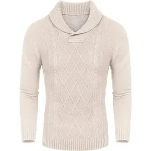 COOFANDY Men's Shawl Collar Sweaters V-Neck Relaxed Fit Cable Pullovers Casual Cotton Menswear Soft Jeans Knitwear Office Long Sleeve Beige