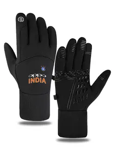 Black sports gloves with India cricket logo print  perfect for outdoor activities and fitness training  designed for cricket fans and sports enthusiasts  ideal as Christmas and New Year gift for athletic adults seeking functional and stylish handwear