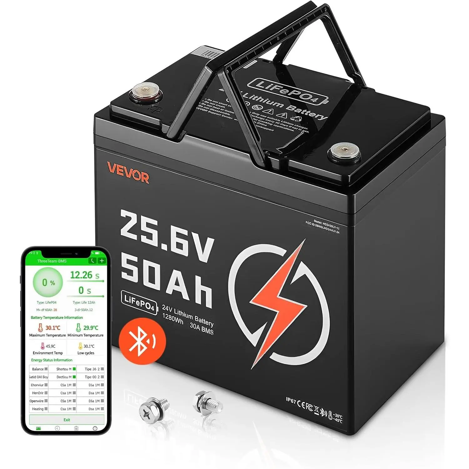 VEVOR 24V 50Ah LiFePO4 Lithium Battery, Bluetooth, Deep Cycle Lithium Rechargeable Battery, Built-in 30A BMS, Low Temp Protection, 4000+ Cycles, Max.1280Wh, for RV, Camper, Trolling Motors, Marine, Golf Carts, Real-Time Voltage, Current, And Charge Status