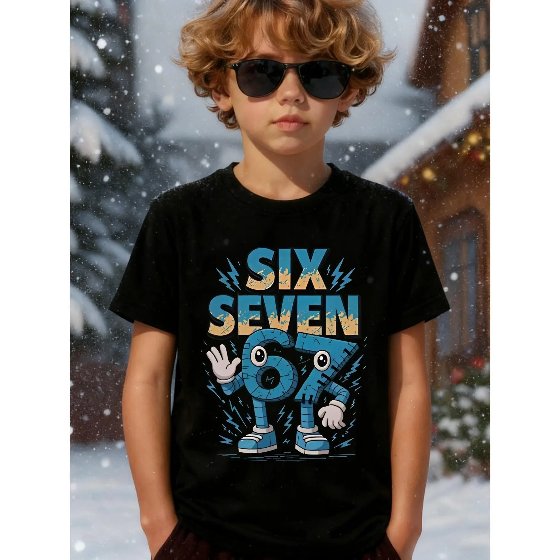 Little boy 67 emoji gesture robot number character mecha blue lightning fun 100% cotton pattern T-shirt, toddler cartoon T-shirt, machine washable, 67 Thanksgiving and Christmas boys' fall clothing, teen boy clothing gift Game Graphic Tee
