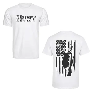 Deer Hunting American Flag T-Shirt, Hunt Word Camo Fill Front & Distressed Buck Rifle Flag Back Graphic on Soft Cotton Blend Fabric, Unisex Fit for Men Women Teens, Perfect Gift for Hunters, Deer Season Fans & Patriotic Outdoorsmen