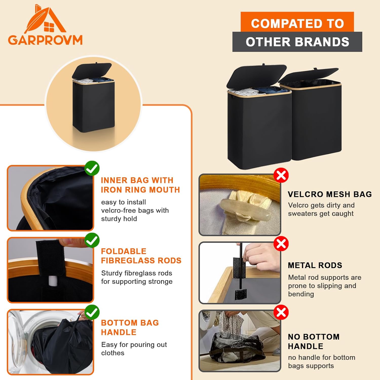 Garprovm Double Laundry Hamper with Lid 150L Large Laundry Basket with Bamboo Handles Foldable Clothes Hampers with 2 Removable Liner Bags for Laundry for Bedroom, Bathroom, Dorm, Laundry Room,Black