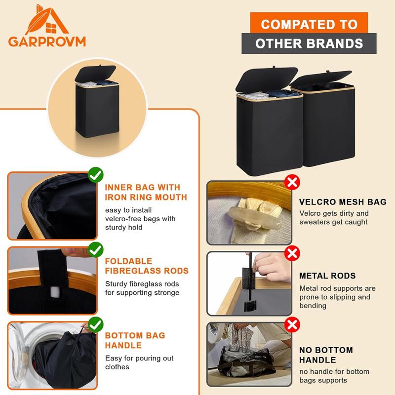 Garprovm Double Laundry Hamper with Lid 150L Large Laundry Basket with Bamboo Handles Foldable Clothes Hampers with 2 Removable Liner Bags for Laundry for Bedroom, Bathroom, Dorm, Laundry Room,Black