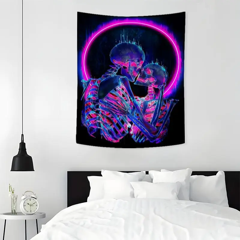 Skull Couple Pattern Tapestry, 1 Count Aesthetic Wall Hanging Decor, Polyester Tapestry for Bedroom Home Office Decor, Vanity Decor Accessories, Halloween, Durable Decorative Tapestry, Decoration