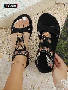 A pair of new large-size women's cross-strap open-toe sandals with Flat Heel, bead decorations, elastic straps, stylish, simple, comfortable, lightweight, and suitable for everyday casual wear