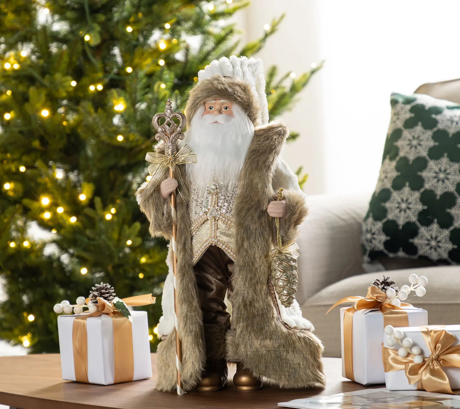 Glitzhome 18"H Faux Fur Christmas Woodland Santa Figurine